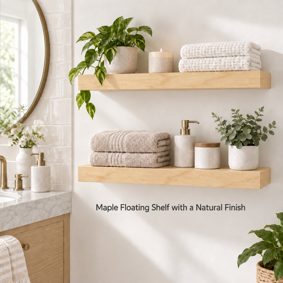 Two light natural wood floating shelves mounted on a white wall in a bright bathroom setting, styled with folded towels, potted plants, candles, and bathroom accessories. Text on the image reads 'Maple Floating Shelf with a Natural Finish'.