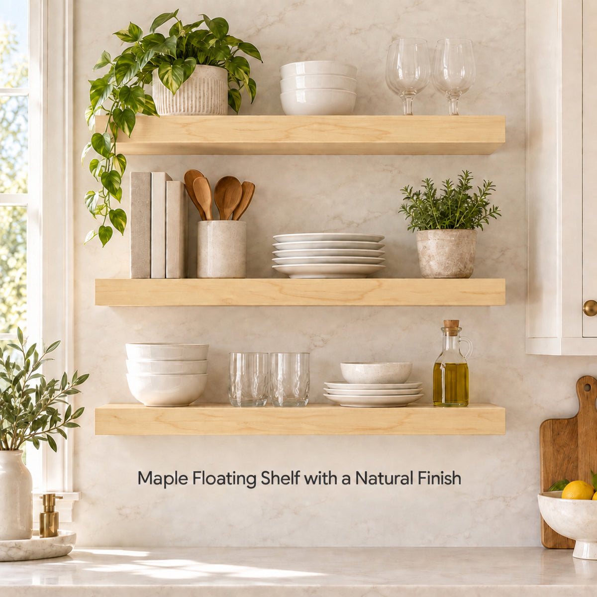Three natural wood floating shelves mounted on a cream marble kitchen wall, styled with white ceramic dishes, glassware, books, and potted green plants. Text at the bottom reads 'Maple Floating Shelf with a Natural Finish'.