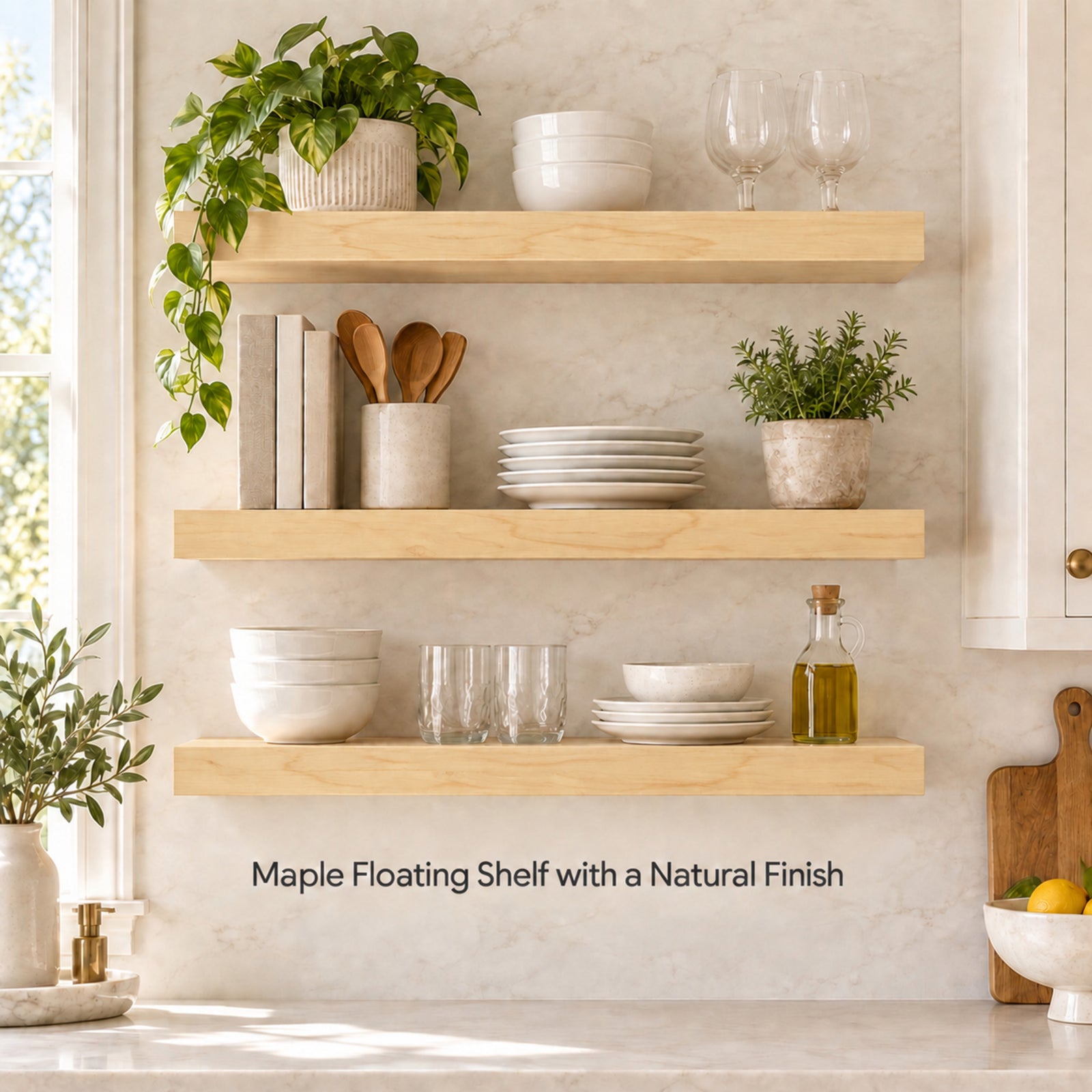 Three natural wood floating shelves mounted on a cream marble kitchen wall, styled with white ceramic dishes, glassware, books, and potted green plants. Text at the bottom reads 'Maple Floating Shelf with a Natural Finish'.