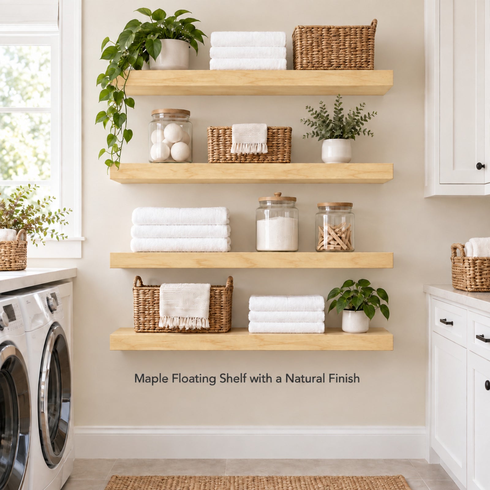 Four floating wall shelves in a natural maple finish, styled with folded white towels, wicker baskets, glass jars, and small potted green plants in a bright laundry room.
