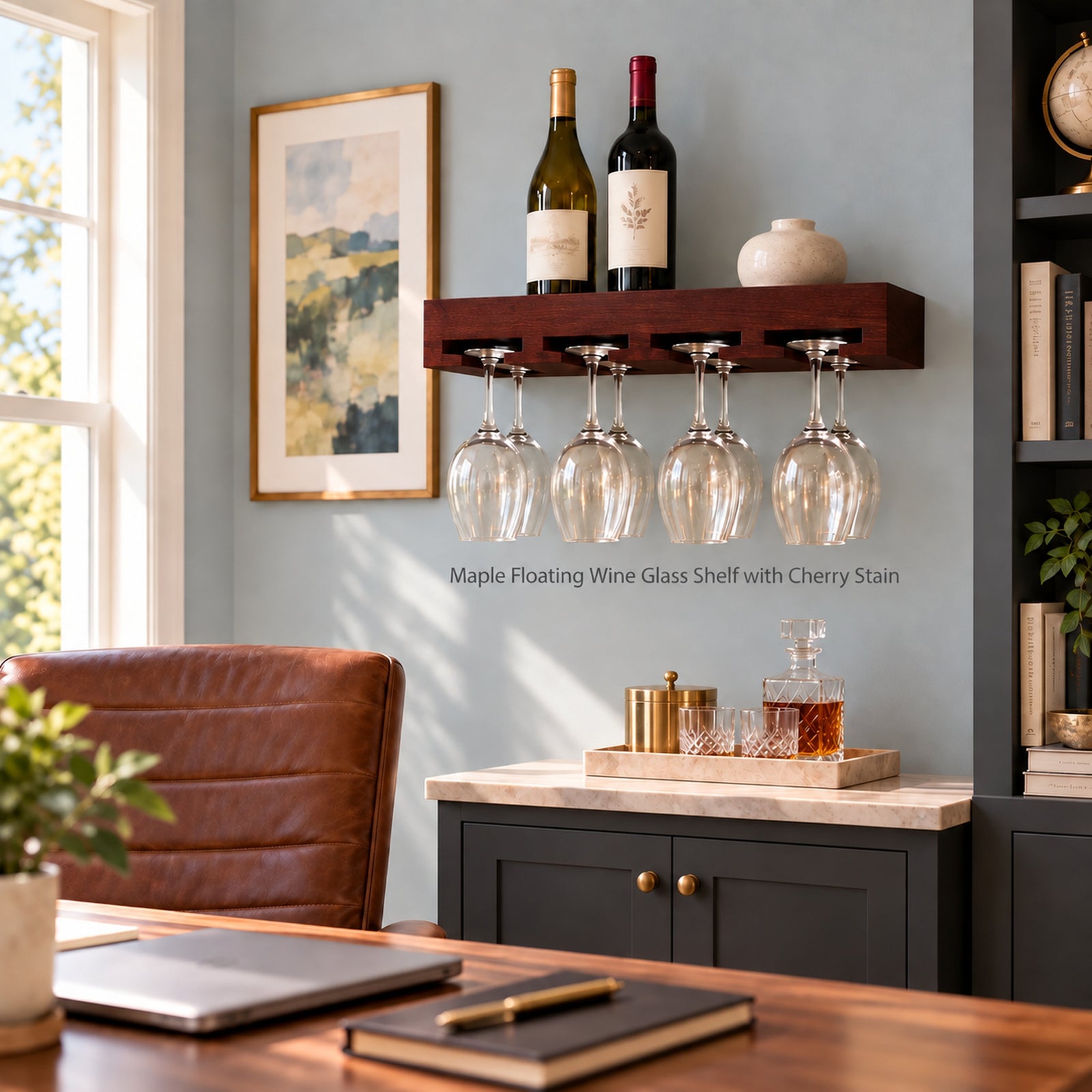 A floating wall-mounted wine glass holder shelf in dark stained wood, shown in a styled home office setting. The shelf holds two wine bottles and a small ceramic vase, with eight clear wine glasses hanging from its integrated wood rack.
