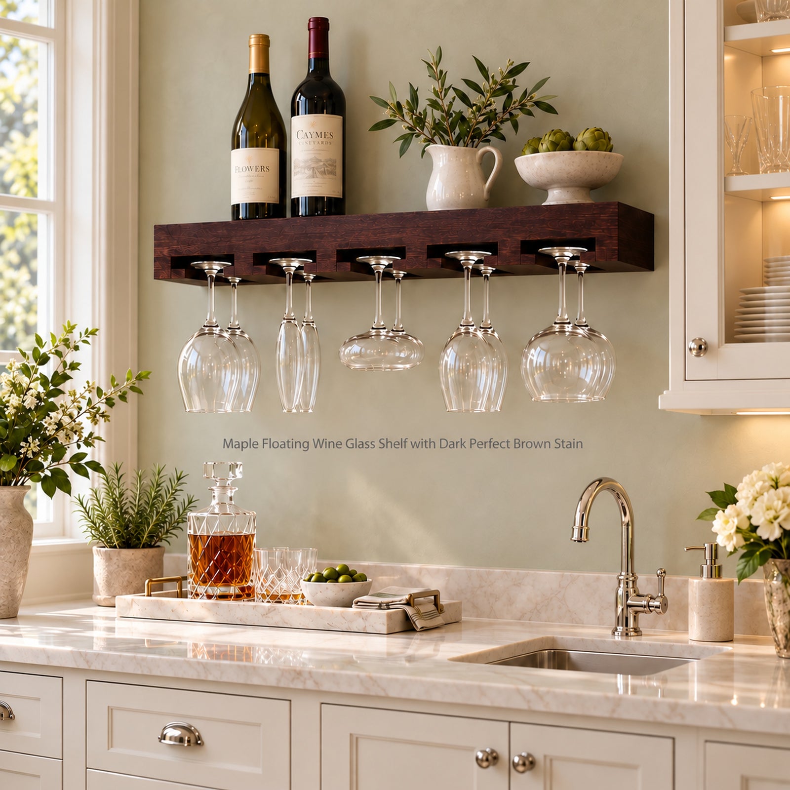 A dark brown maple wine glass shelf mounted on a sage green kitchen wall, holding two wine bottles and several clear wine glasses hanging from the rack. The shelf is styled in a bright, modern kitchen with white cabinets, a marble countertop, and decorative plants.