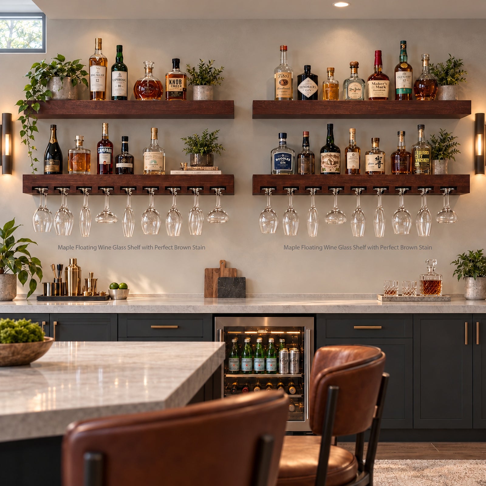 A modern bar setup with two floating wooden wine shelves mounted on a light beige wall. The shelves are styled with an assortment of liquor bottles, small potted green plants, and each have eighteen hanging wine glasses and other stemware.