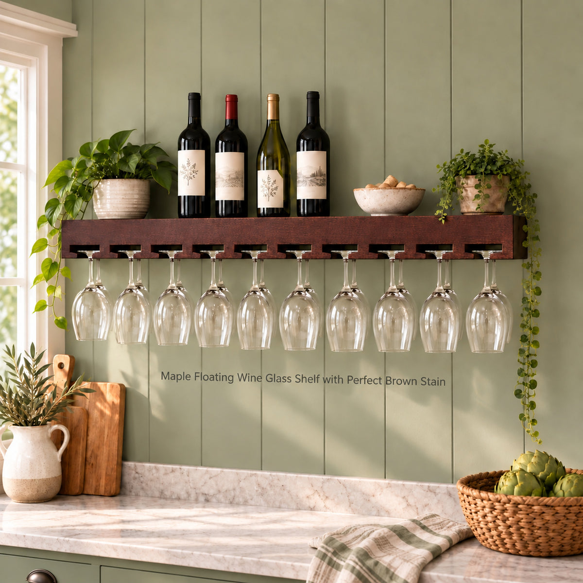 A dark brown wooden wall-mounted wine glass holder with twenty clear stemmed glasses hanging below, installed on a sage green paneled kitchen wall above a marble countertop. Wine bottles, potted plants, and kitchen items are visible in the scene.