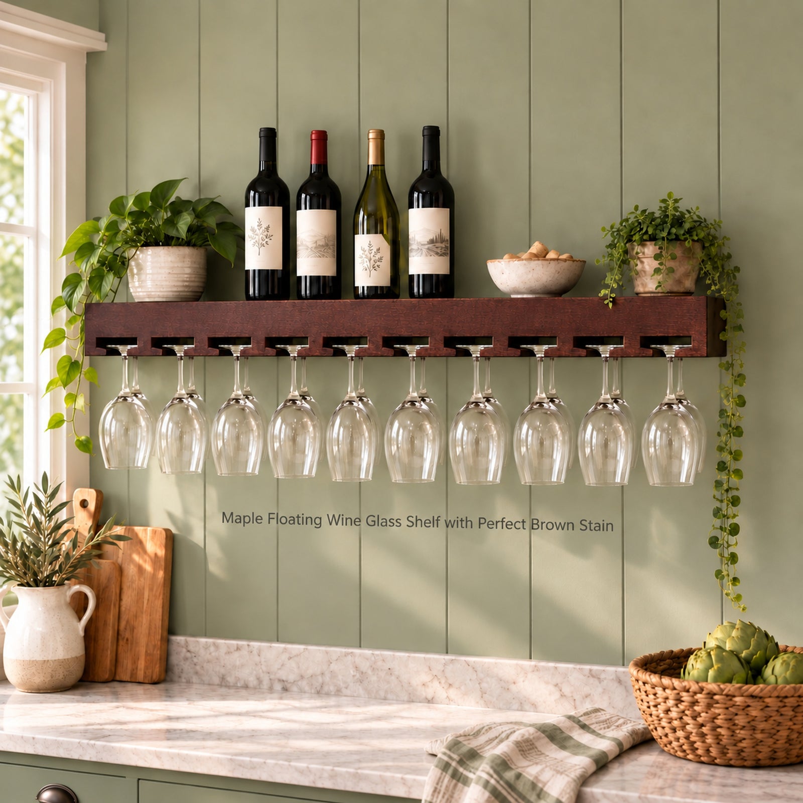 A dark brown wooden wall-mounted wine glass holder with twenty clear stemmed glasses hanging below, installed on a sage green paneled kitchen wall above a marble countertop. Wine bottles, potted plants, and kitchen items are visible in the scene.