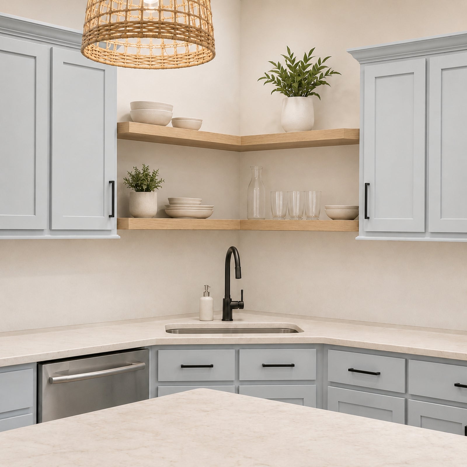 White Oak corner floating shelves in a bright blue kitchen