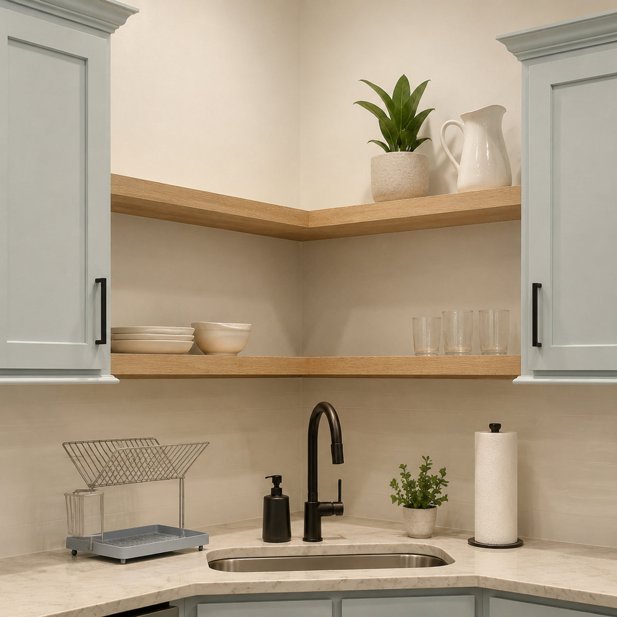 Close-up of custom White Oak corner floating shelves in a blue kitchen