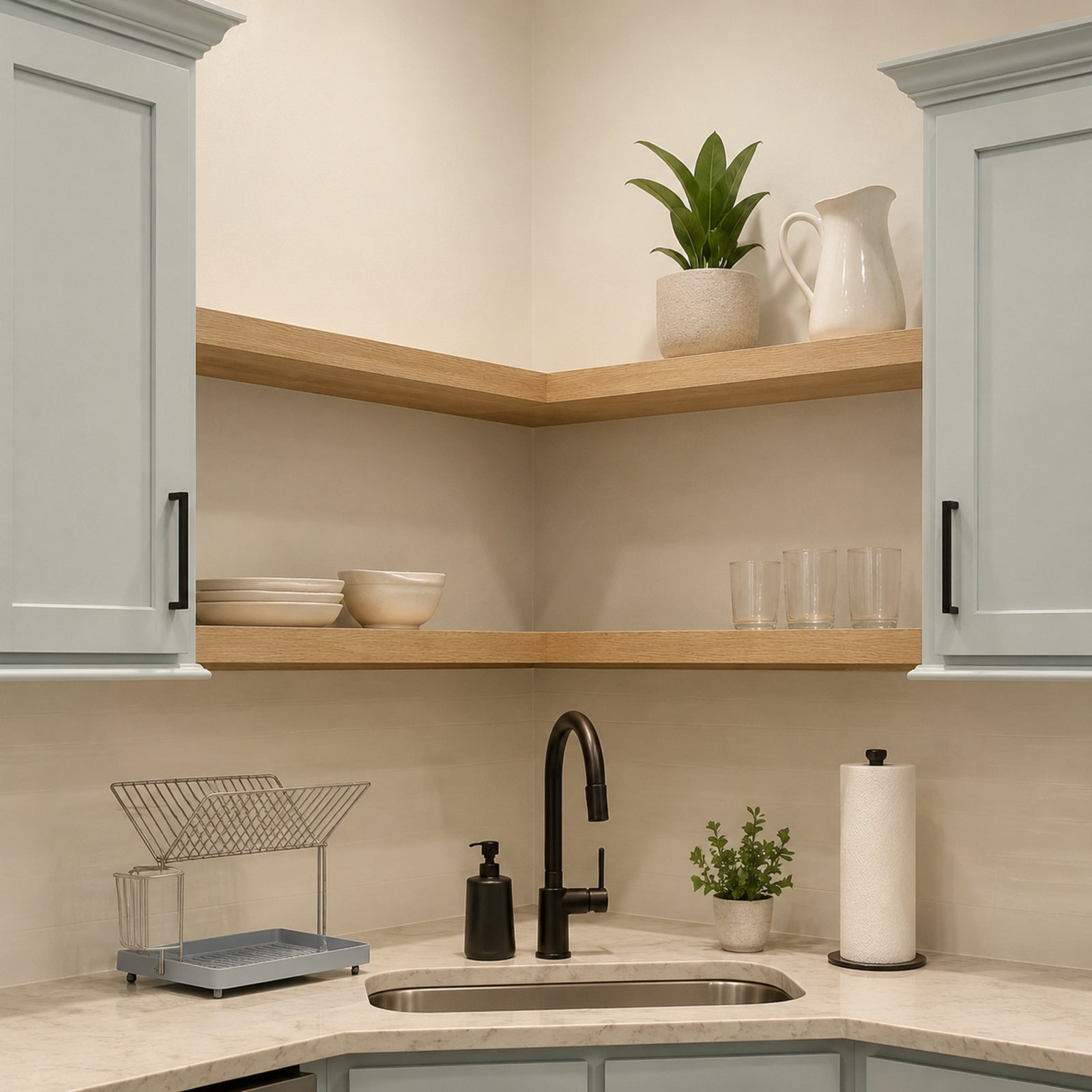 Close-up of custom White Oak corner floating shelves in a blue kitchen