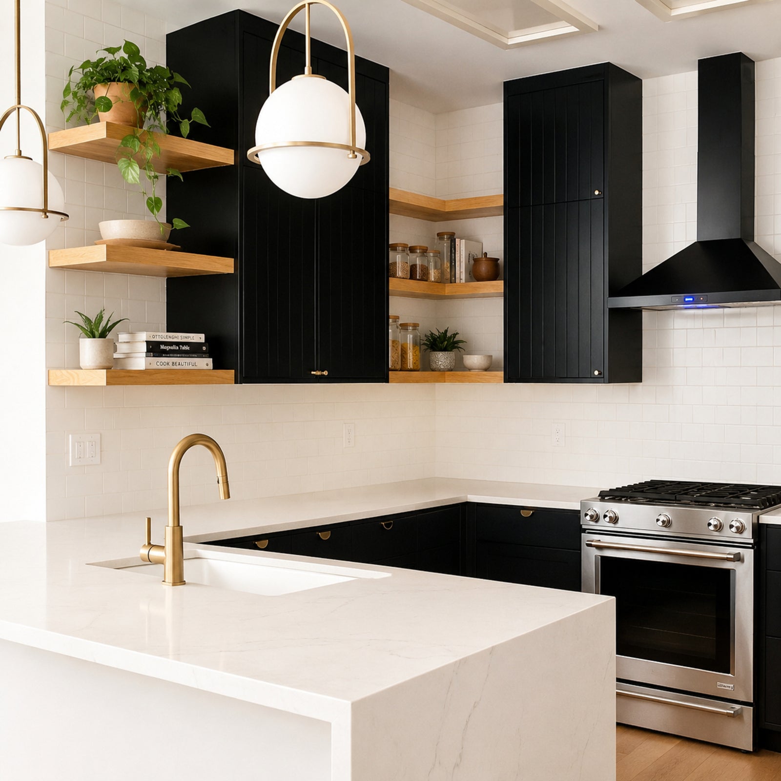 White Oak corner floating shelves installed in a kitchen