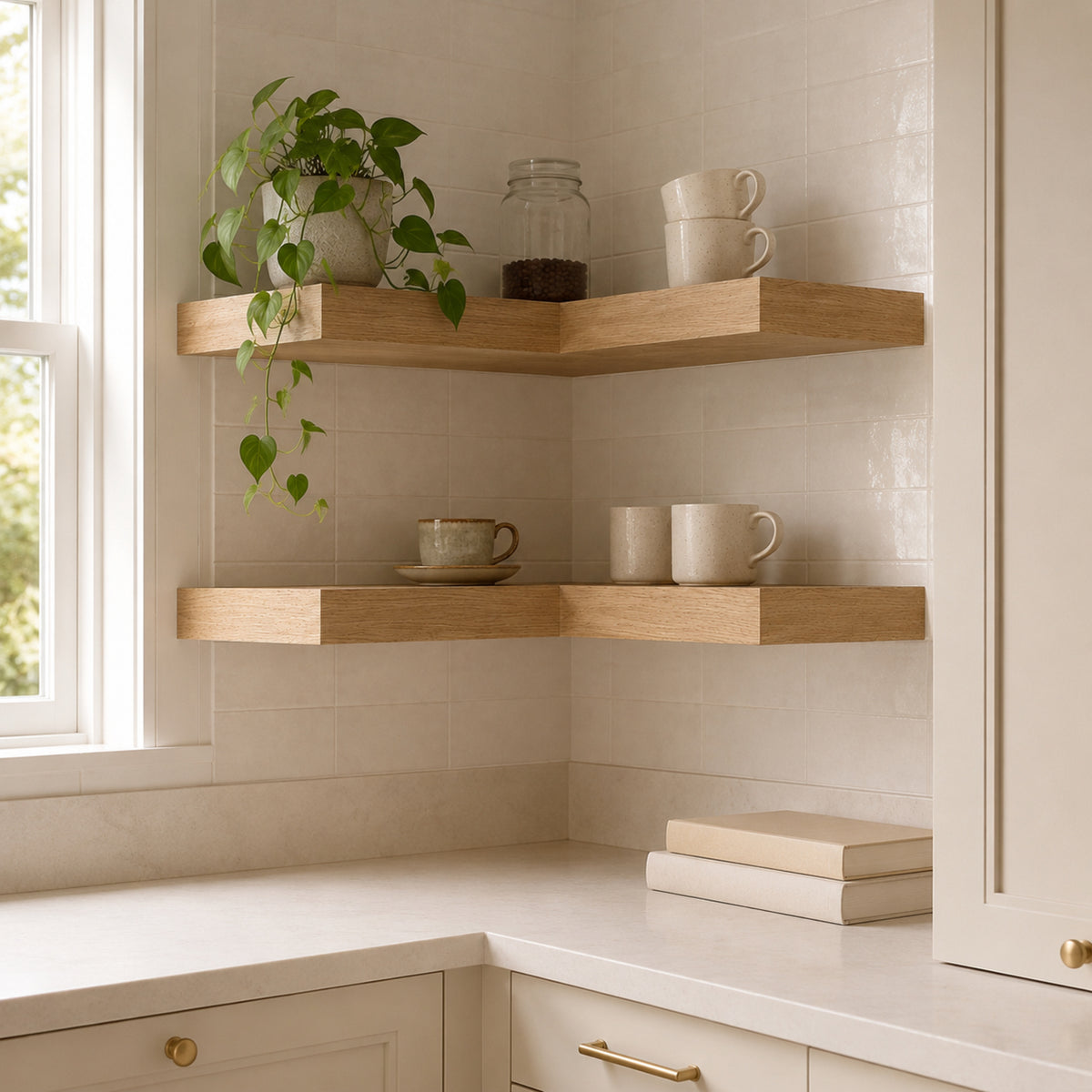 Custom 2-inch White Oak corner floating shelves in a modern organic nook