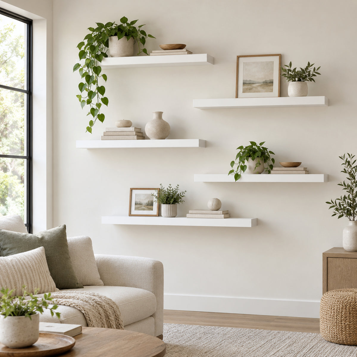 A styled living room corner with two inch white floating shelves mounted on a cream wall, decorated with potted green plants, books, vases, and framed art. A light beige sofa with pillows and a throw blanket sits beside a window, with a round wooden coffee table and woven rug in the foreground.