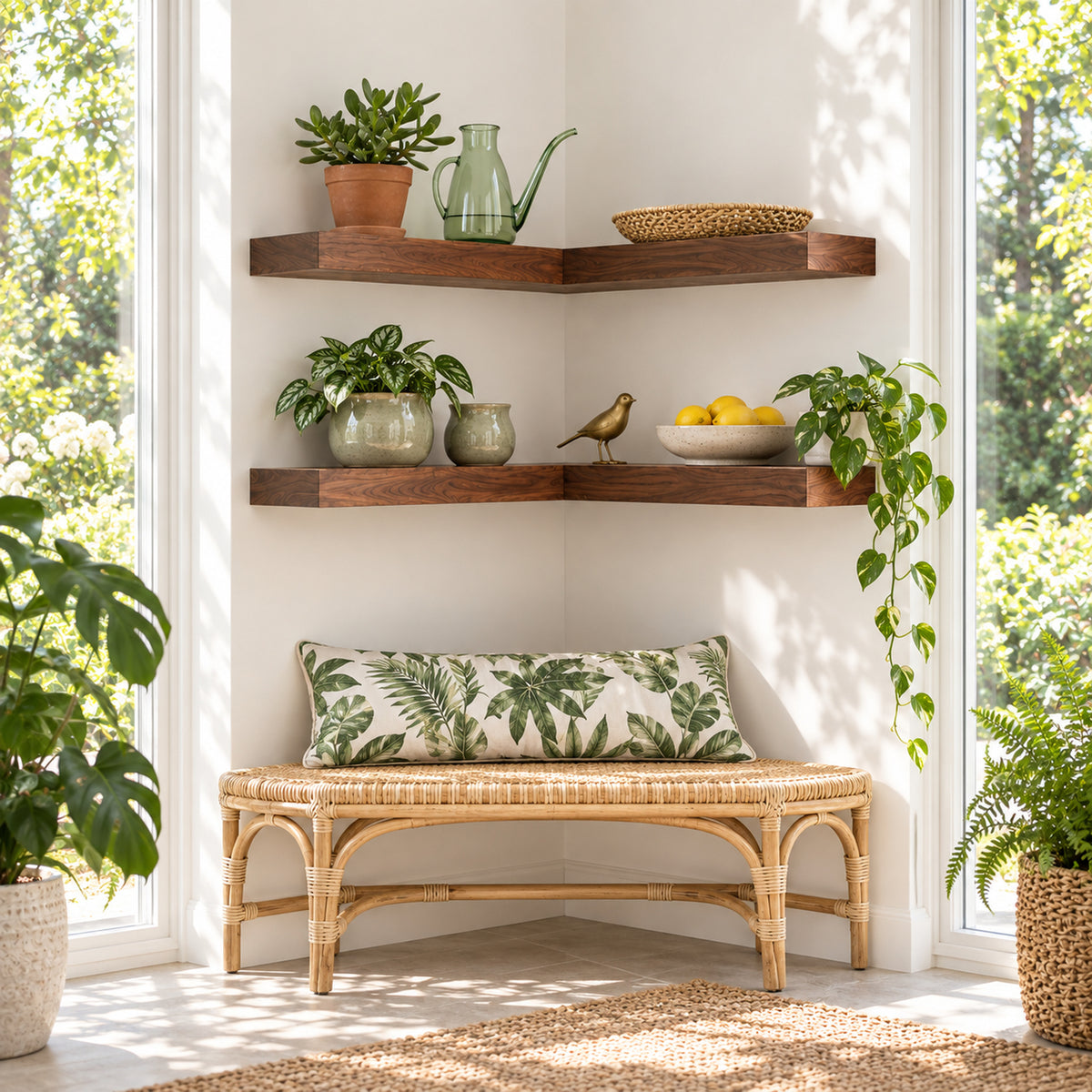 Two walnut corner floating shelves and a wooden bench with a woven rattan seat, styled with a tropical leaf-patterned pillow, surrounded by potted plants and floating shelves in a bright room.