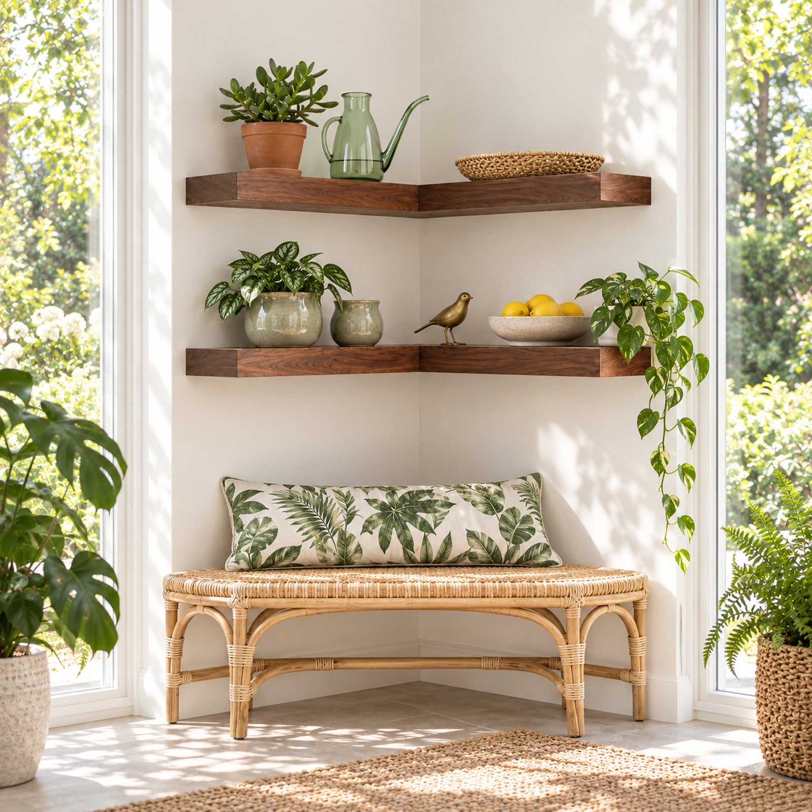 Two walnut corner floating shelves and a wooden bench with a woven rattan seat, styled with a tropical leaf-patterned pillow, surrounded by potted plants and floating shelves in a bright room.