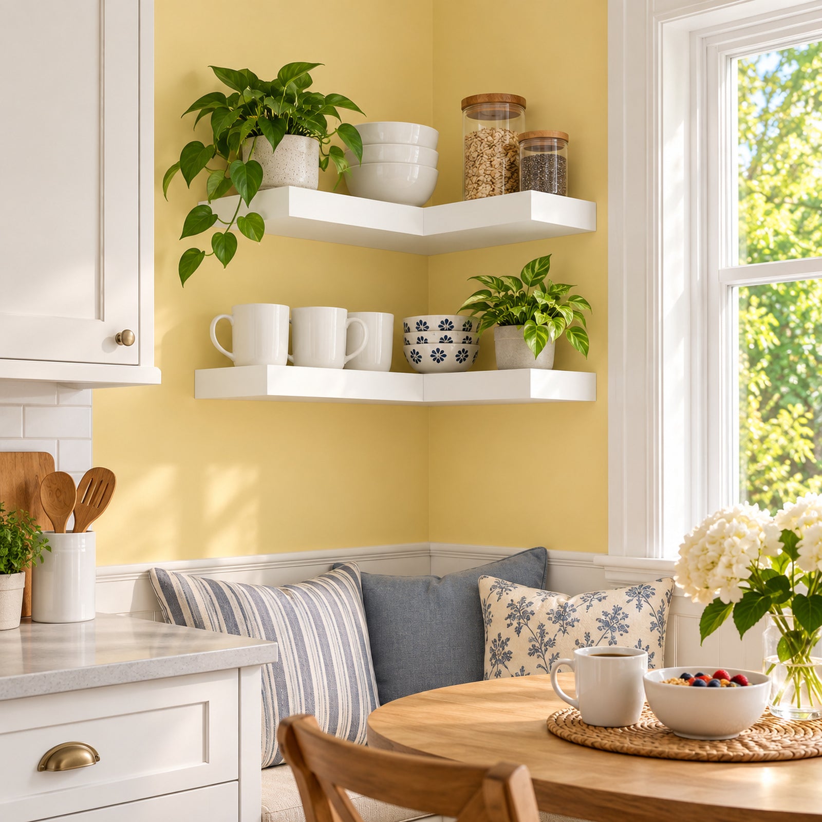 A cozy kitchen corner with a mustard yellow wall, white floating corner shelves holding green plants, white mugs, and glass jars, next to a window with bright natural light.