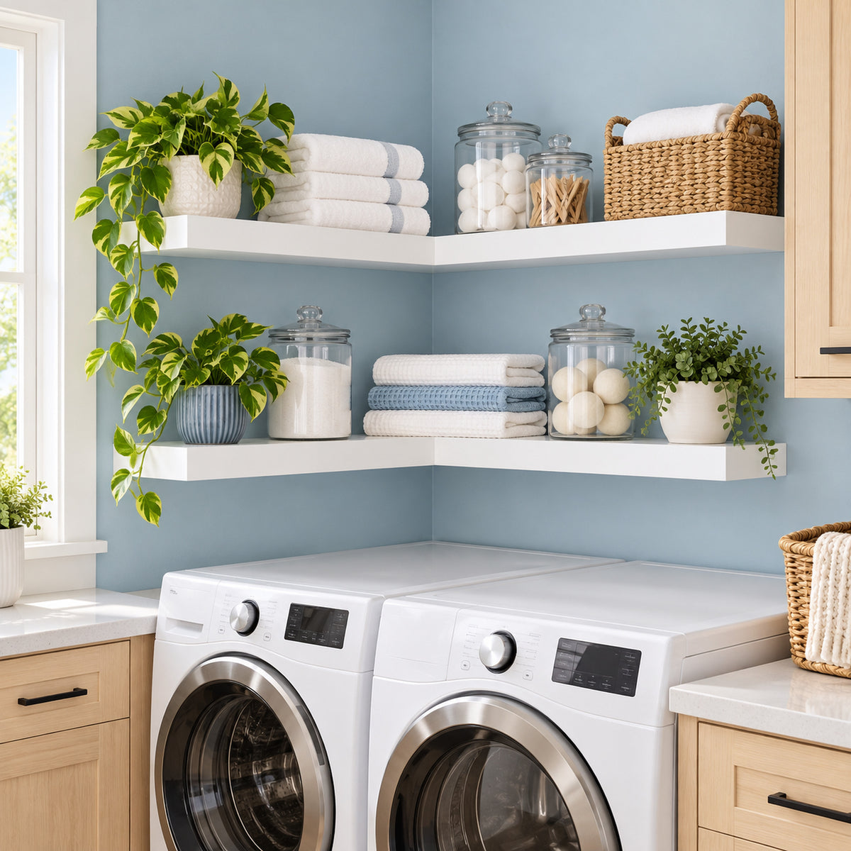 A bright laundry room corner with two white front-load washing machines beneath floating corner shelves holding folded towels, glass storage jars, and potted green plants against a light blue wall.