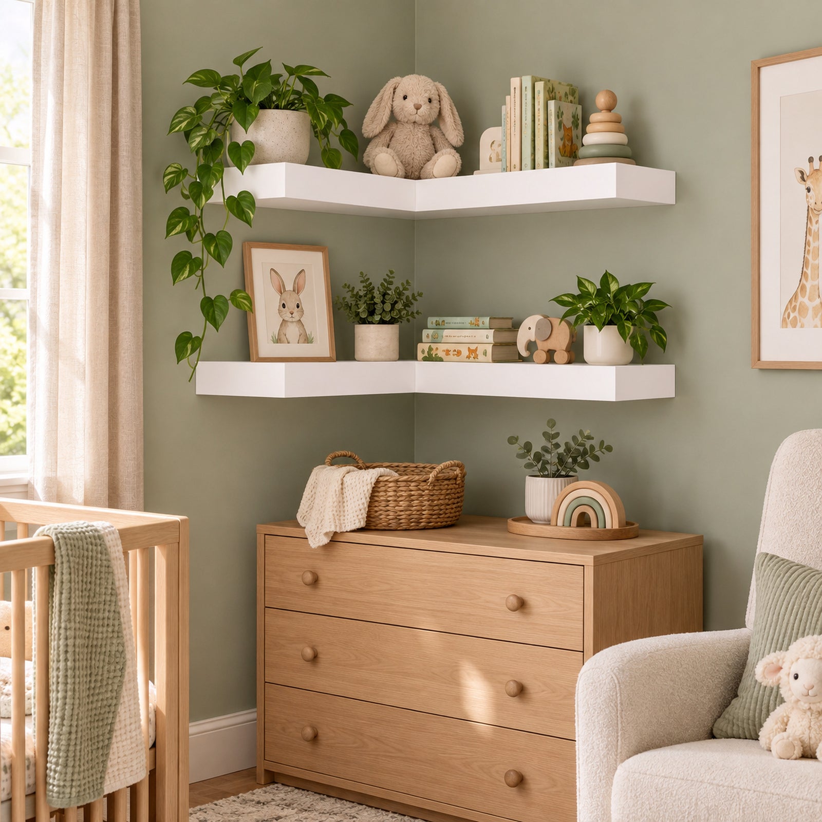 White floating corner wall shelves styled in a nursery with a wooden dresser, crib, armchair, and green plants against a sage green wall.