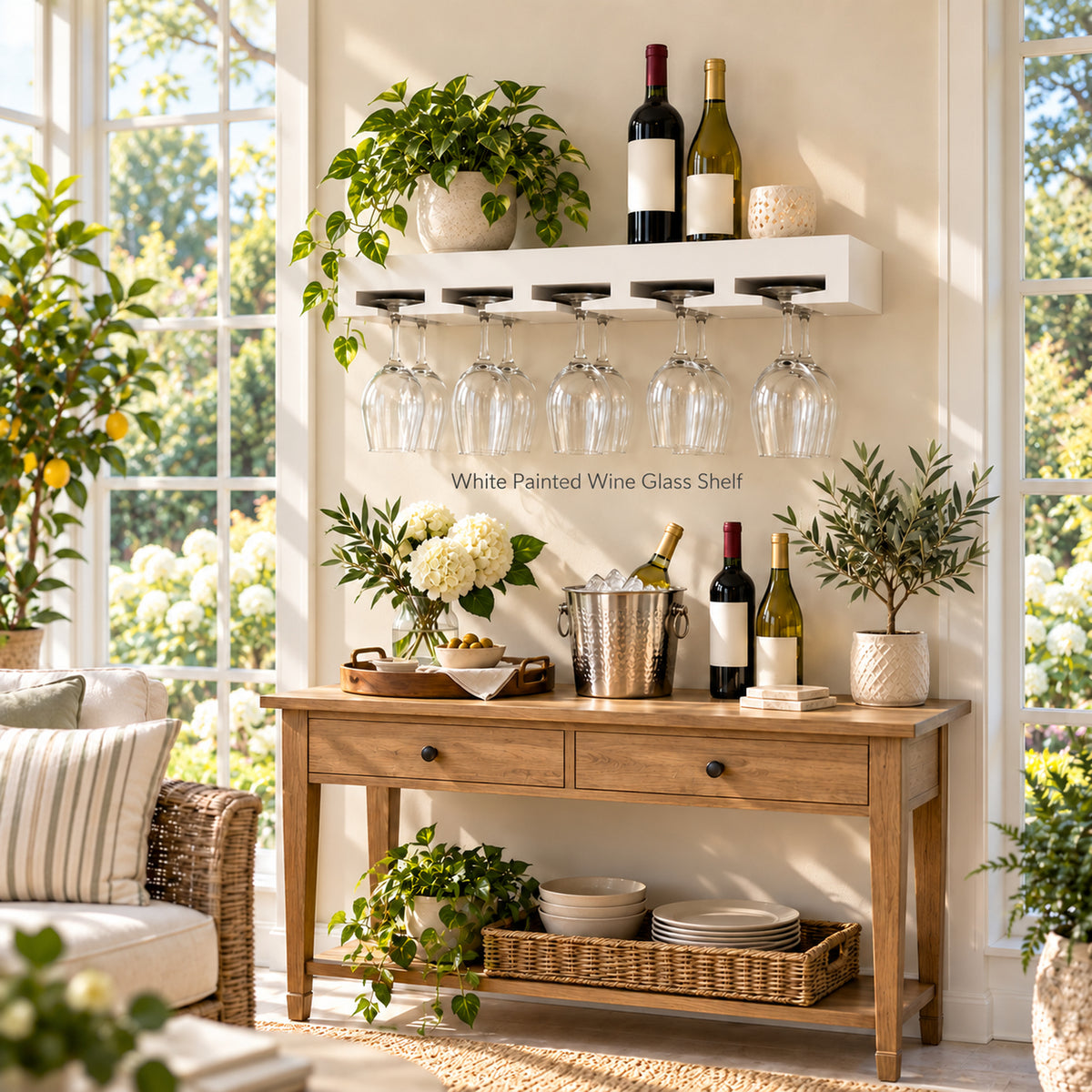 A white painted wall-mounted wine glass shelf in a bright, sunlit room. The shelf holds several wine bottles and multiple clear wine glasses hanging by clips.