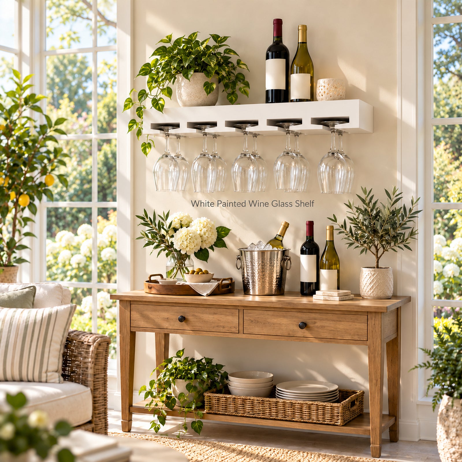 A white painted wall-mounted wine glass shelf in a bright, sunlit room. The shelf holds several wine bottles and multiple clear wine glasses hanging by clips.