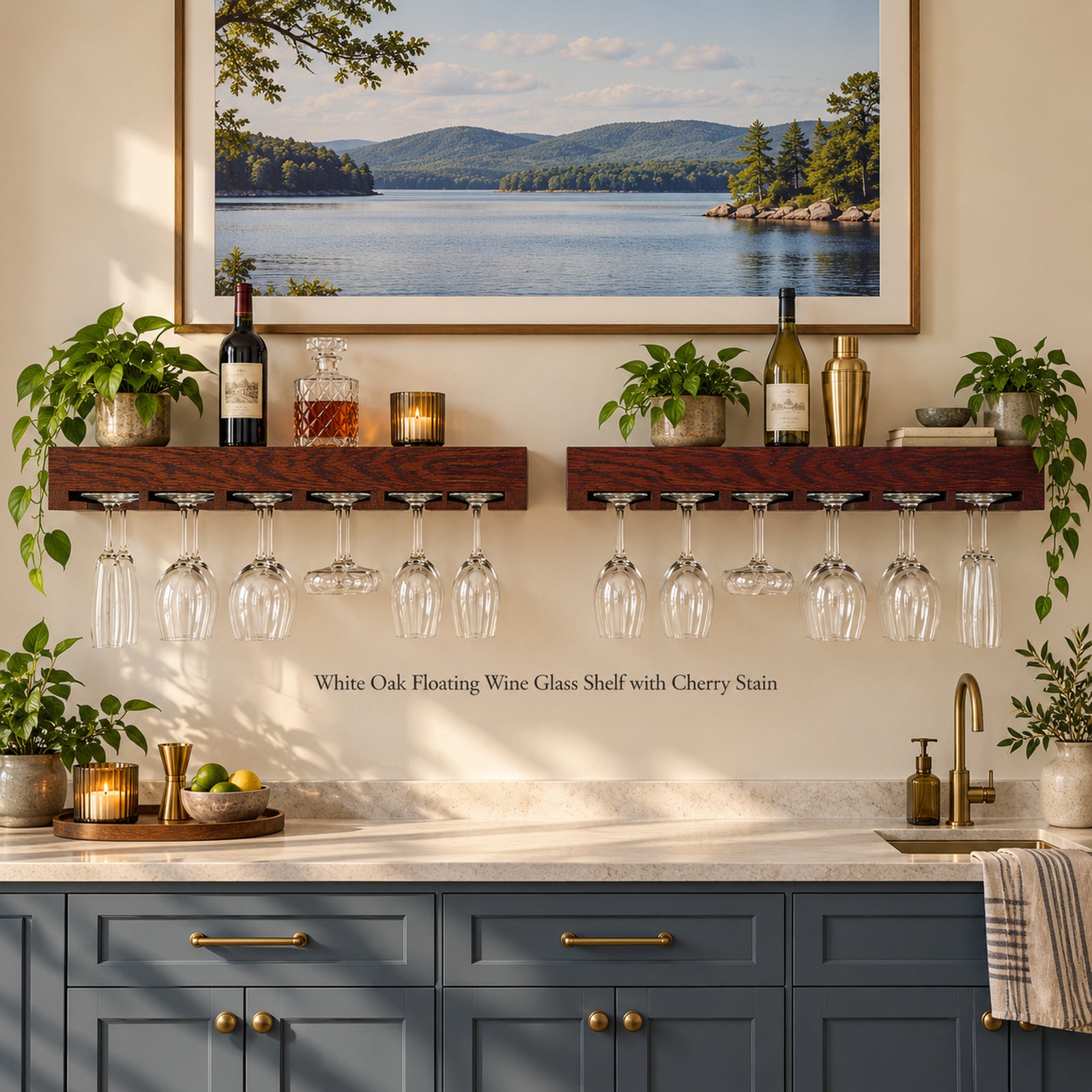 Two dark wood floating wine glass holders mounted on a beige wall above a kitchen counter, with wine glasses and other stemware hanging from each shelf. The scene includes potted plants, bottles, candles, a framed lake landscape print, blue-gray cabinets, and a gold faucet.