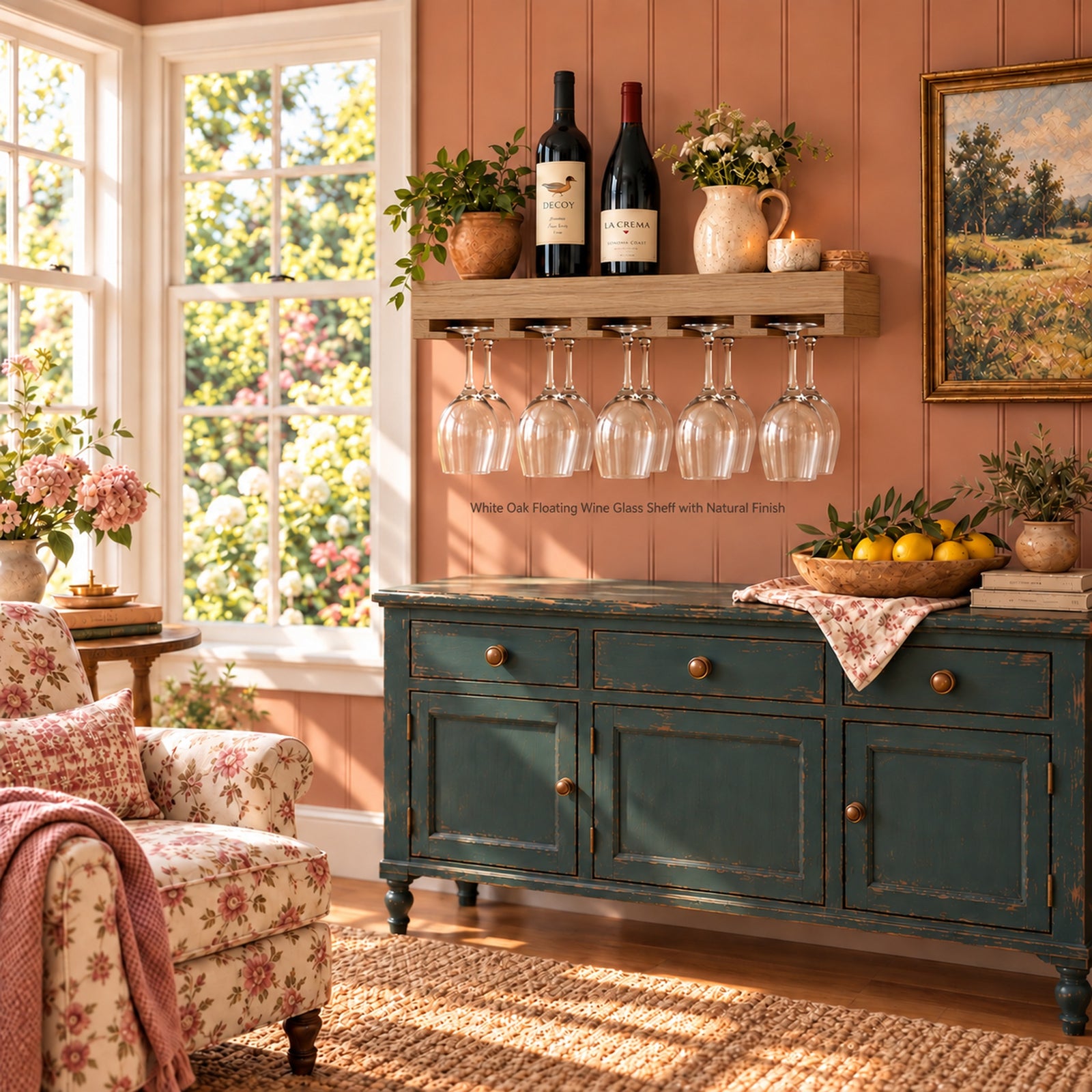 A rustic white oak floating wine glass shelf mounted on a terracotta paneled wall above a distressed dark teal sideboard. The shelf holds two wine bottles, a ceramic vase with flowers, and ten wine glasses hanging from the rack.