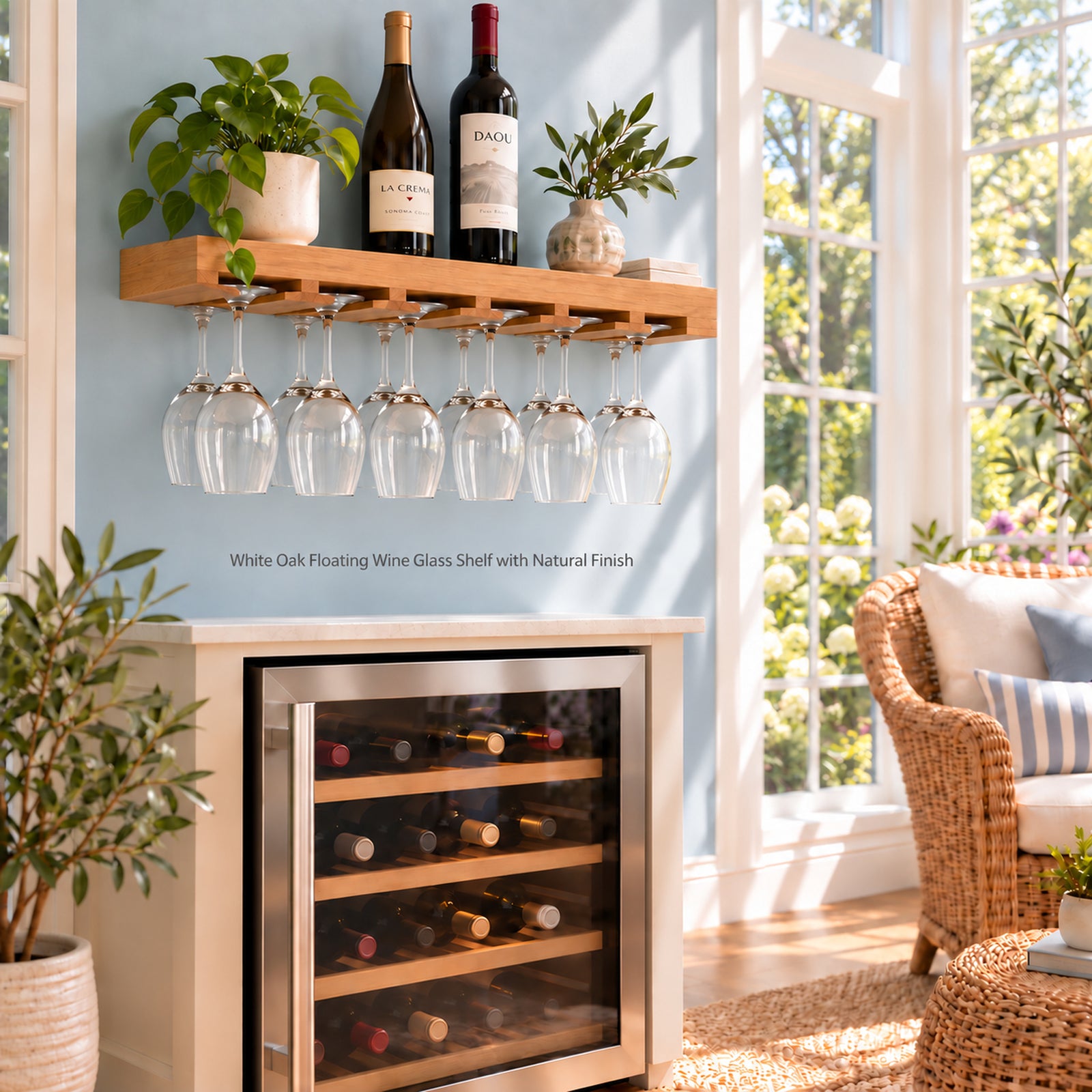 A white oak floating wine glass shelf with a natural finish, mounted on a light blue wall above a wine cooler. The shelf holds two wine bottles and small potted plants, with twelve clear wine glasses hanging from the bar rack.