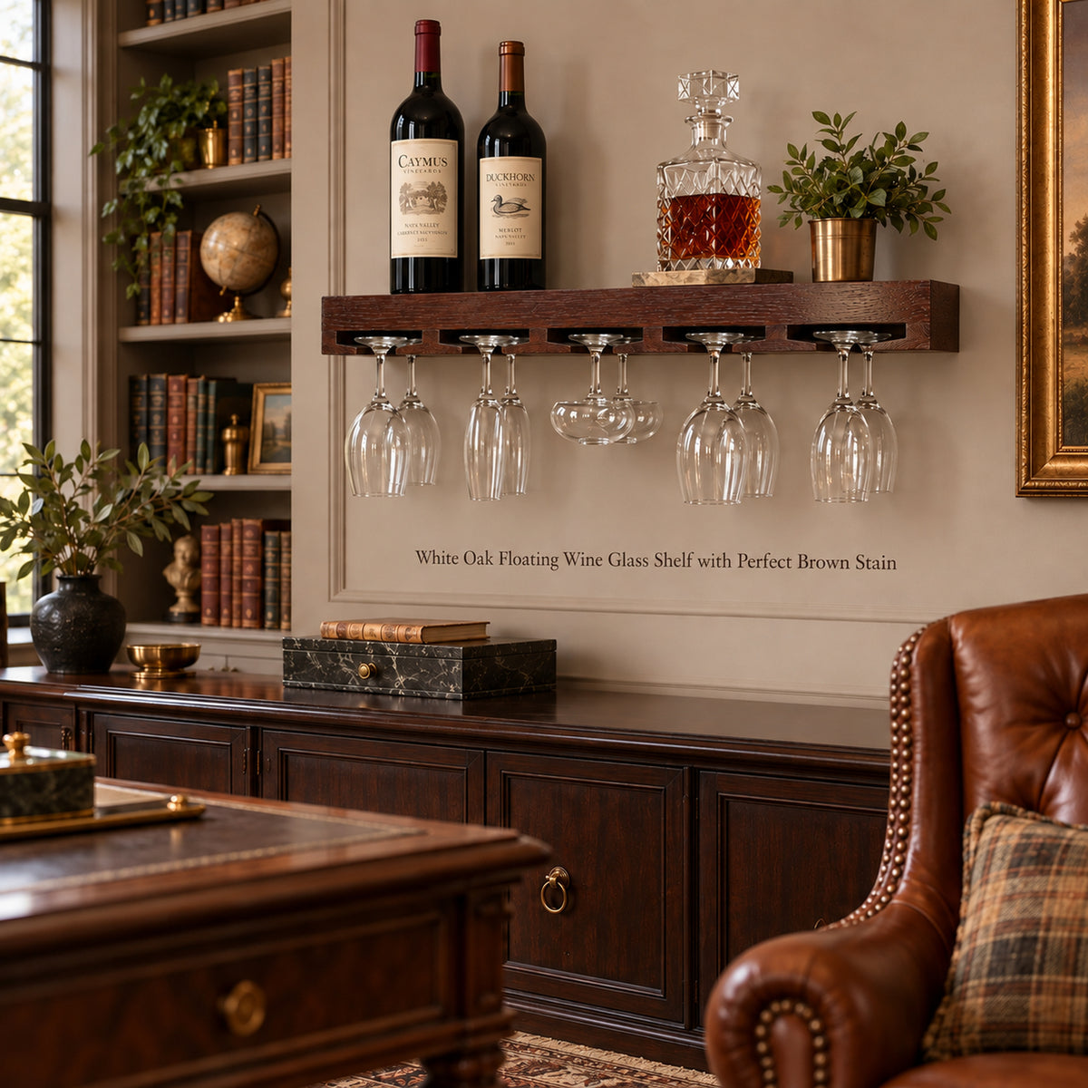 A wall-mounted floating wine glass shelf in a warm brown finish, shown installed in a styled library. The shelf holds two wine bottles and a decanter above ten wine glasses and stemware, with a leather armchair and bookshelves visible in the room.