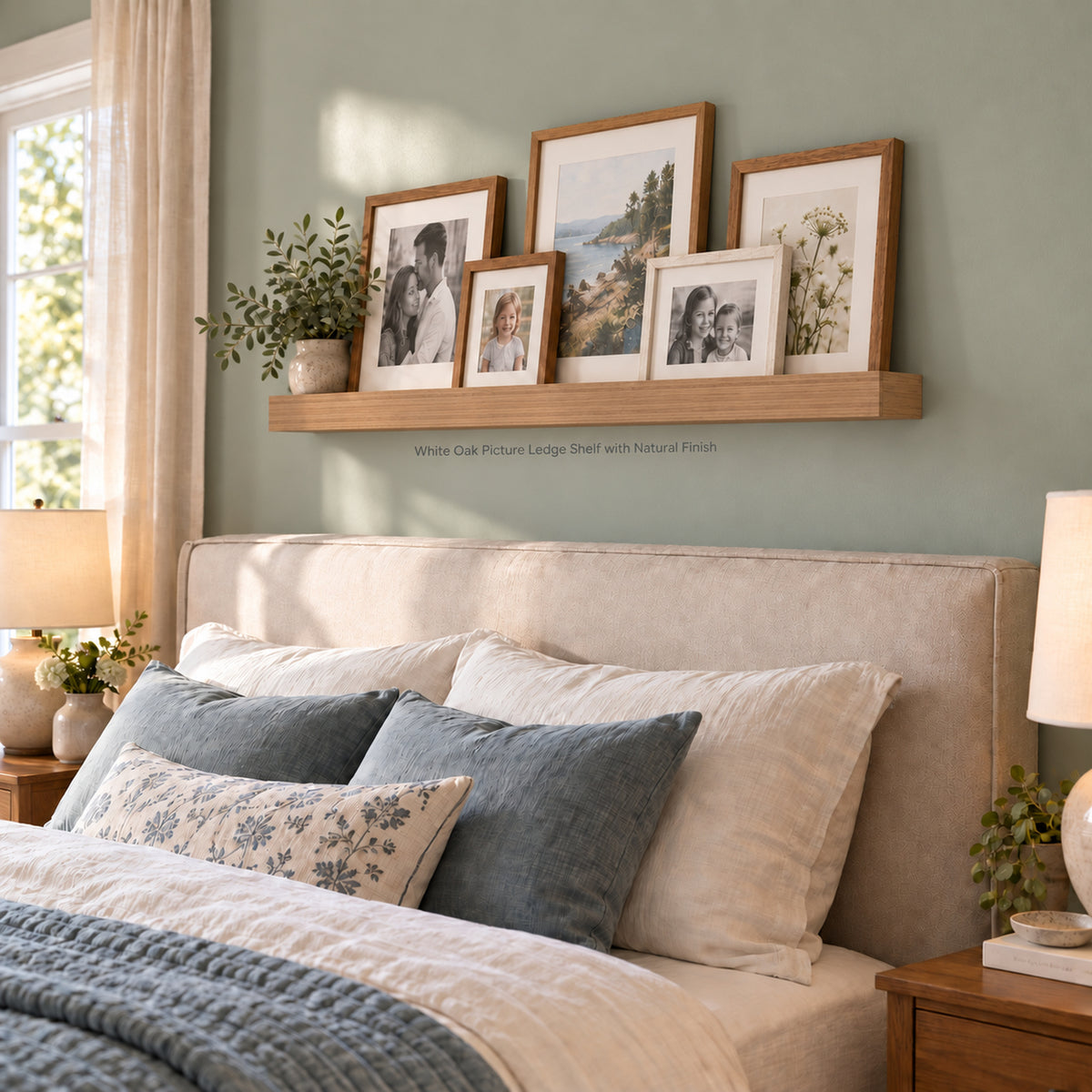 A white oak picture ledge shelf mounted on a sage green wall above a bed with beige and blue pillows. The shelf holds five framed photographs, and the scene is styled as a cozy bedroom.