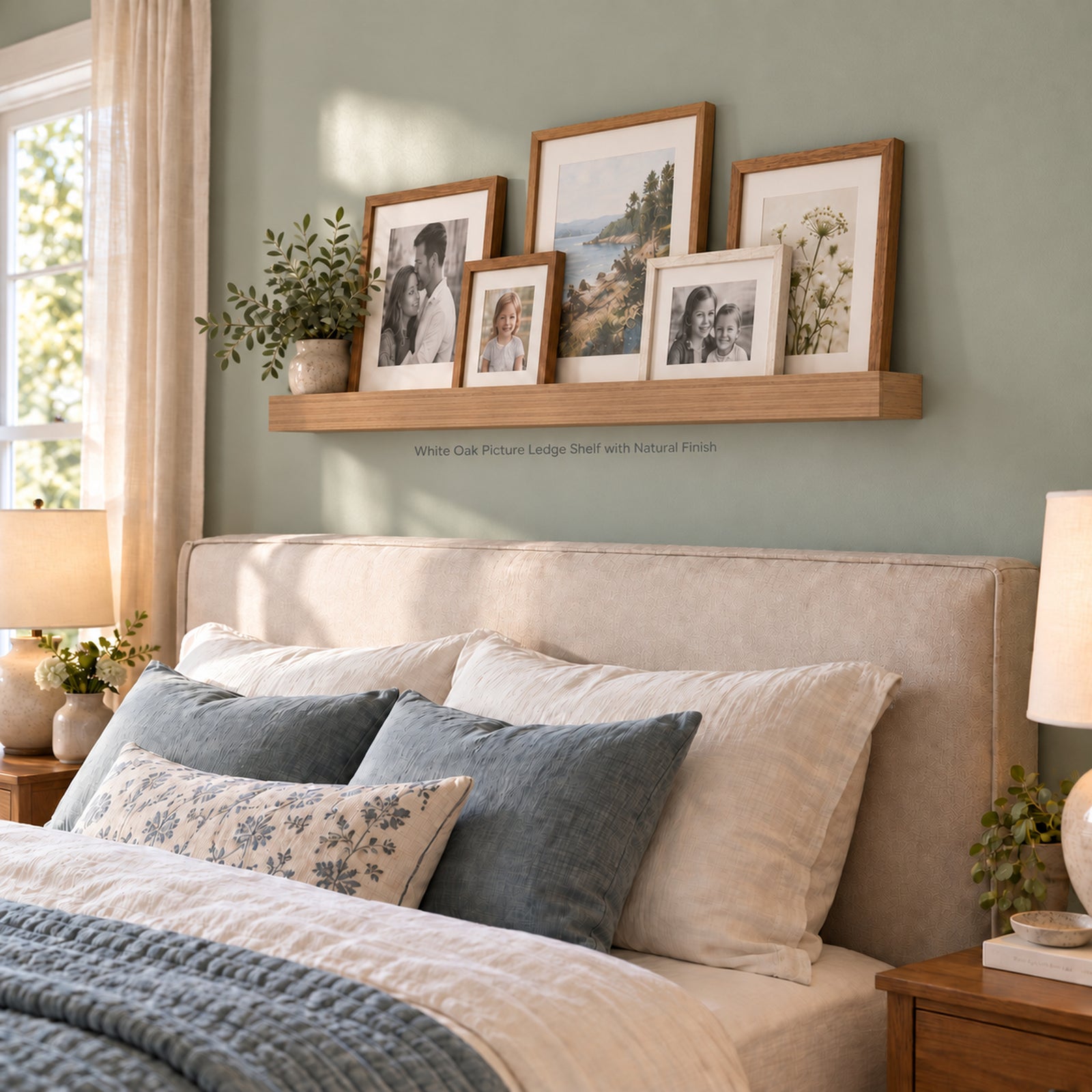 A white oak picture ledge shelf mounted on a sage green wall above a bed with beige and blue pillows. The shelf holds five framed photographs, and the scene is styled as a cozy bedroom.