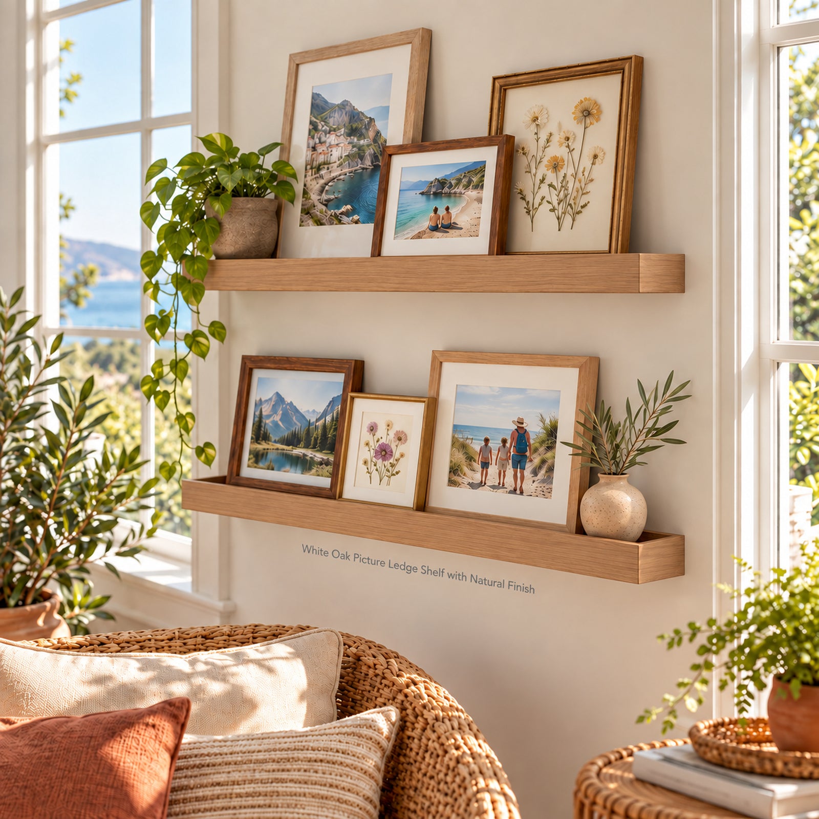 Two light natural wood picture ledge shelves mounted on a white wall in a bright room, styled with framed landscape and floral photographs, small potted plants, and a wicker chair with cushions below.
