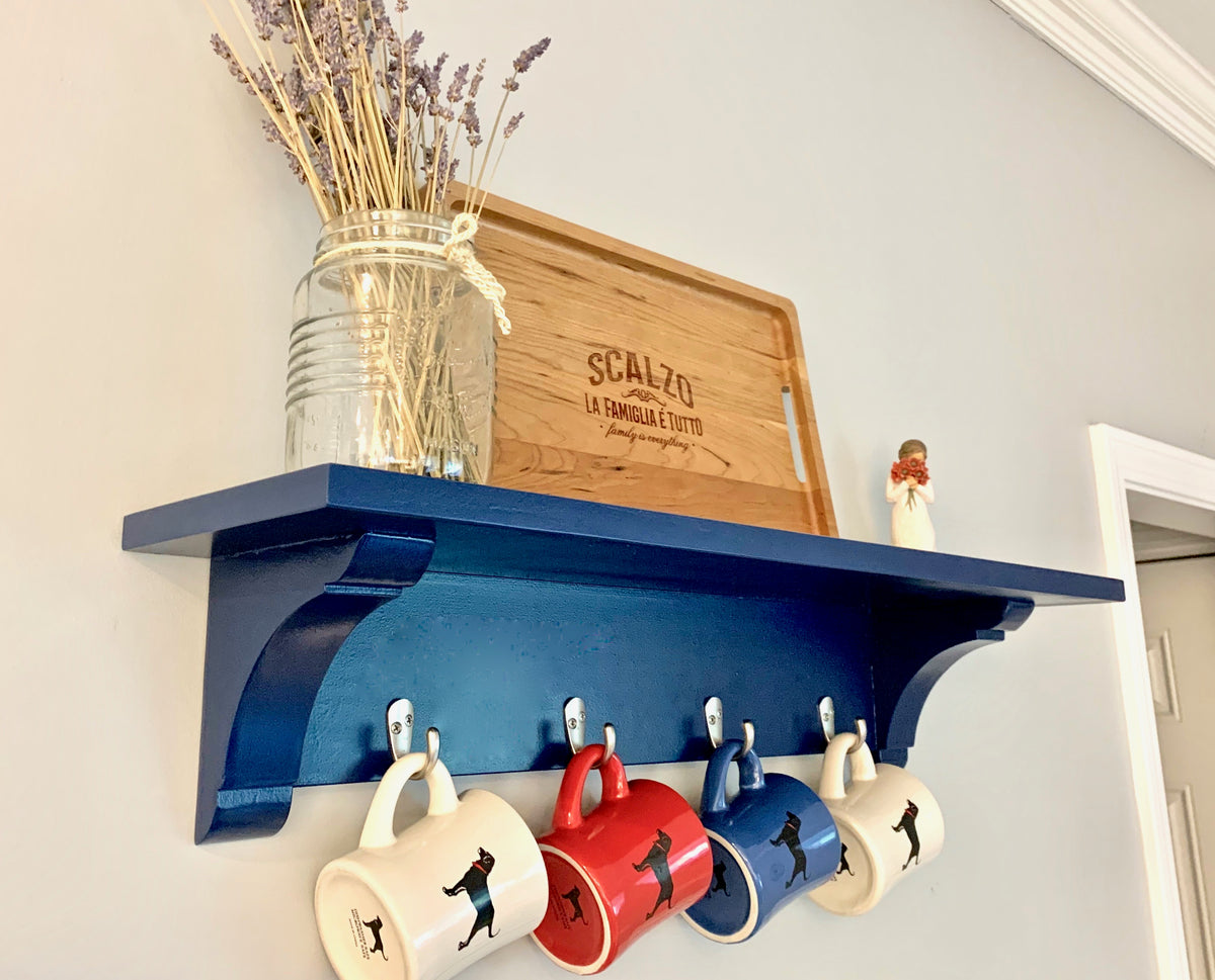 farmhouse shelf with small hooks