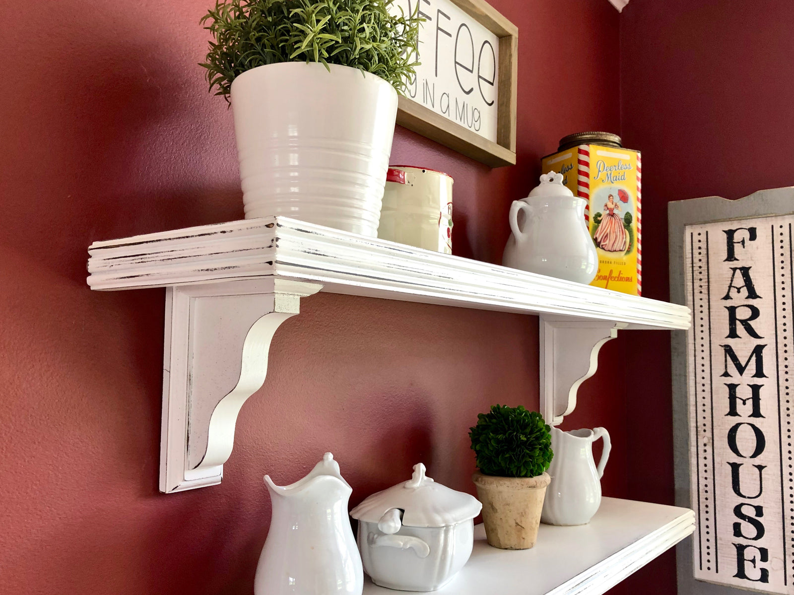 farmhouse shelf with wood brackets