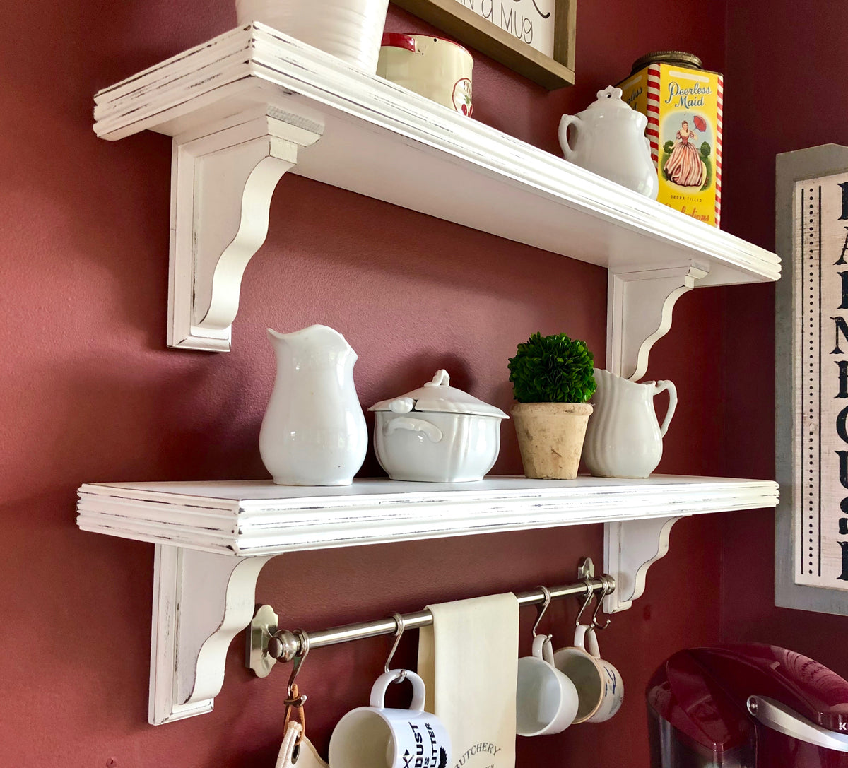 farmhouse shelf with wood brackets