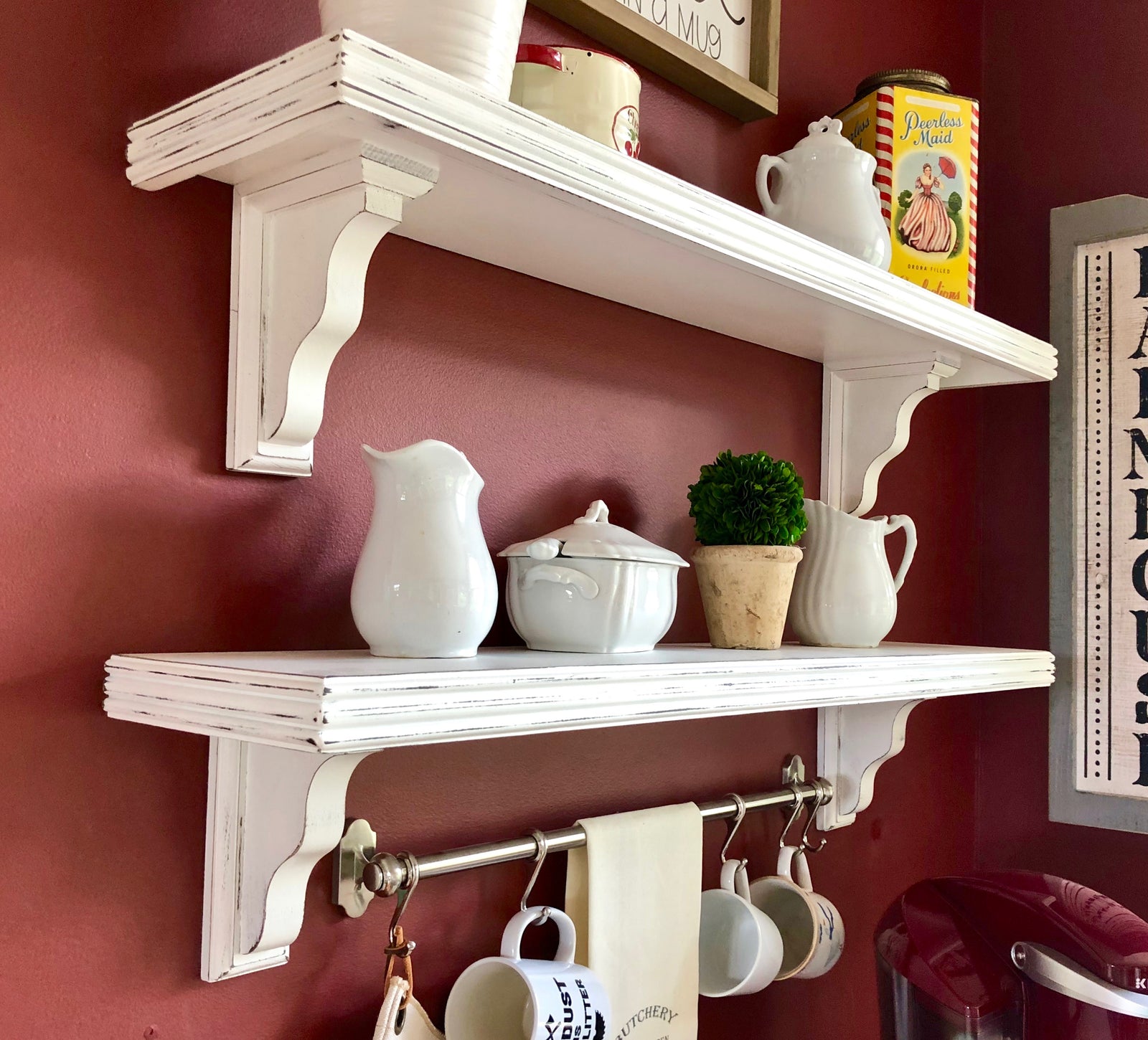 farmhouse shelf with wood brackets