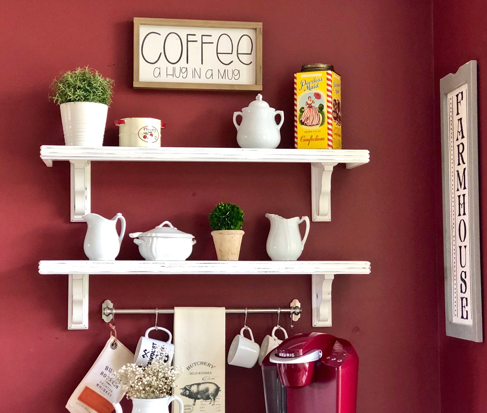 farmhouse shelf with wood brackets