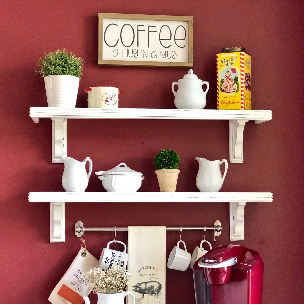 farmhouse shelf with wood brackets