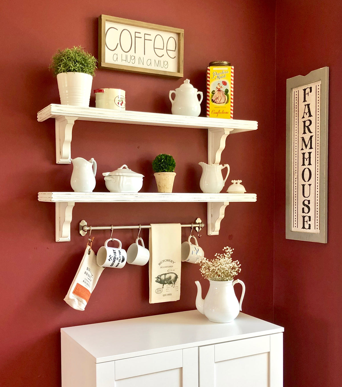 farmhouse shelf with wood brackets