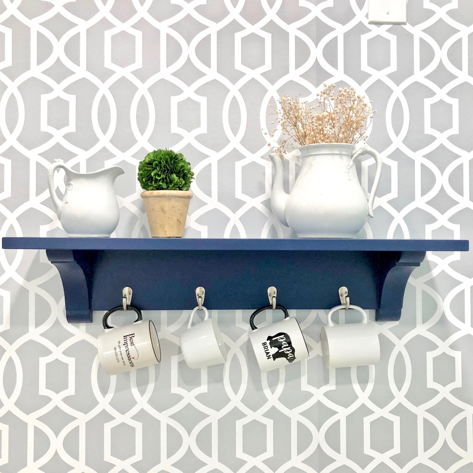 farmhouse shelf with small hooks