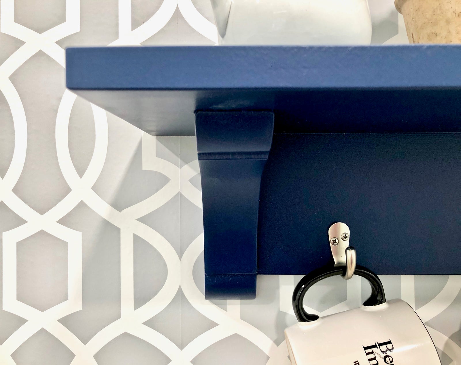 farmhouse shelf with small hooks