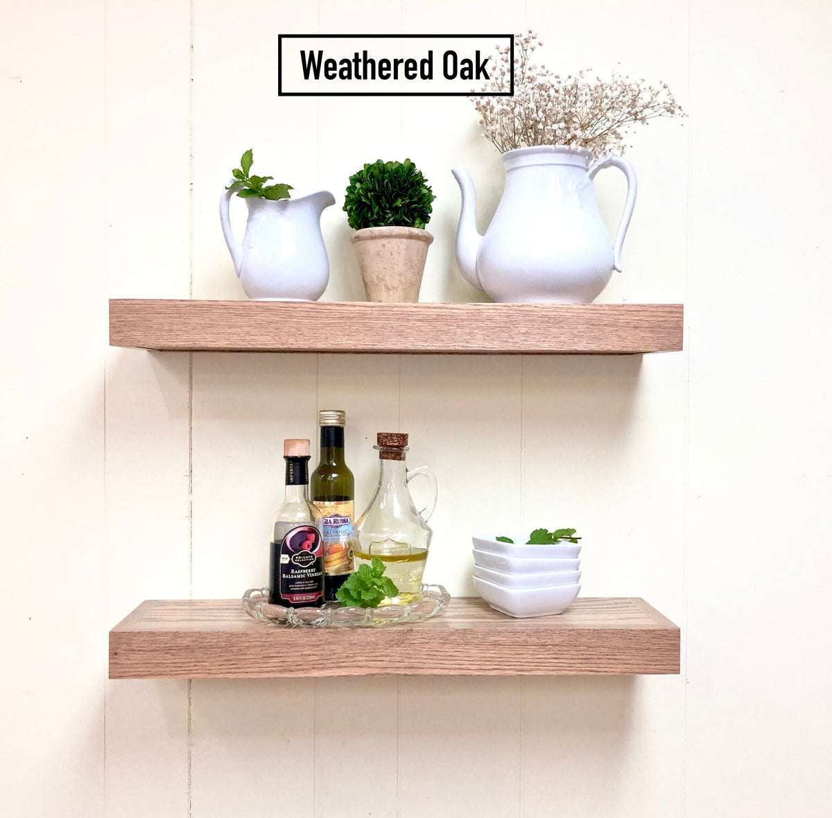 weathered oak floating shelves