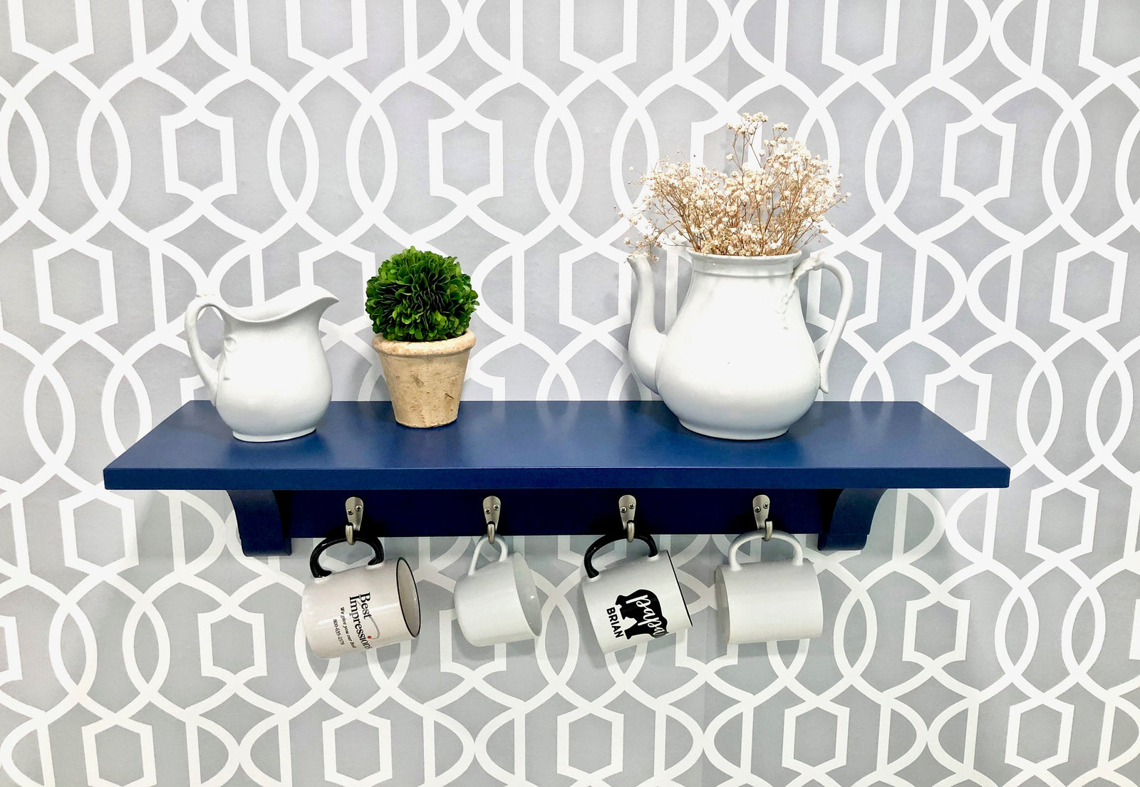 farmhouse shelf with small hooks