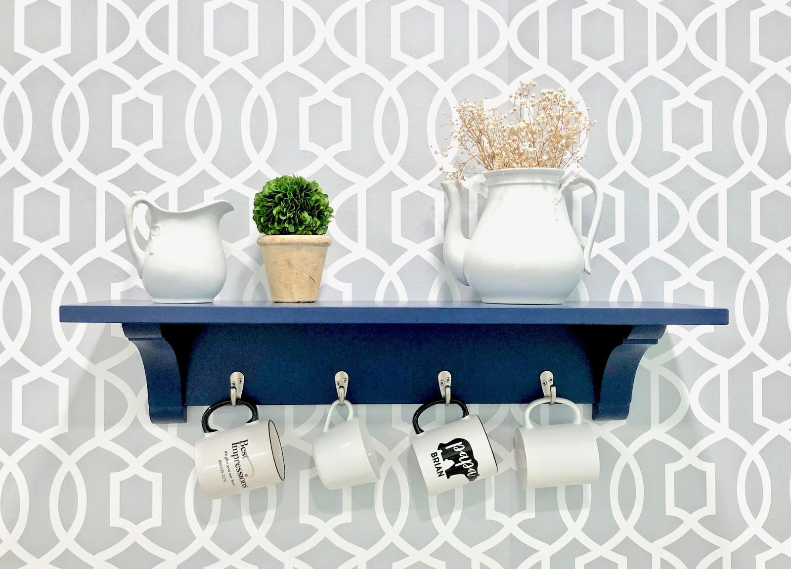 farmhouse shelf with small hooks